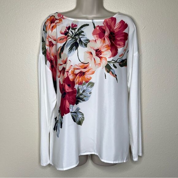 Chicos Floral Front Knit Woven Tee Boat Neck Ivory Ecru Long Sleeve Women Large - Picture 14 of 14